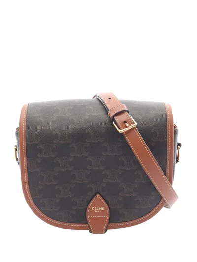 Pre-owned Celine 2021-2025 Medium Triomphe Coated Canvas Folco Crossbody Bag In Brown