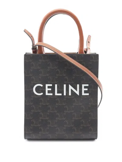 Pre-owned Celine 2021-2025 Mini Triomphe Coated Canvas Vertical Cabas Satchel In Black