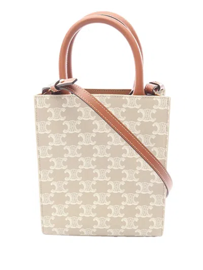 Pre-owned Celine 2021-2025 Mini Triomphe Coated Canvas Vertical Cabas Satchel In Brown