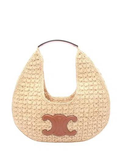 Pre-owned Celine 2021-2025 Raffia And Calfskin Triomphe Panier Hobo Bag In Brown