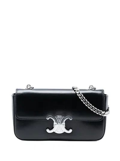 Pre-owned Celine 2021-2025 Shiny Calfskin Triomphe Chain Box Shoulder Bag In Black