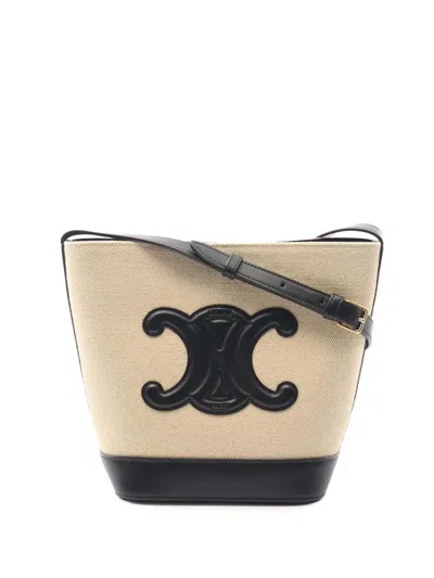 Pre-owned Celine 2021-2025 Small Canvas Cuir Triomphe Bucket Bag In Brown