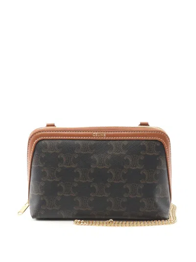 Pre-owned Celine 2021-2025 Triomphe Coated Canvas Clutch On Chain Crossbody Bag In Brown