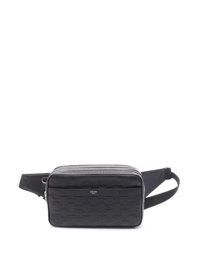 Pre-owned Celine 2021-2025 Triomphe Embossed Calfskin Belt Bag In Black