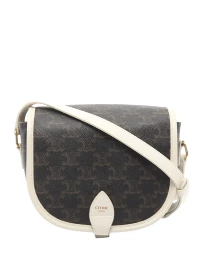 Pre-owned Celine 2021-2026 Medium Triomphe Coated Canvas Folco Crossbody Bag In Black
