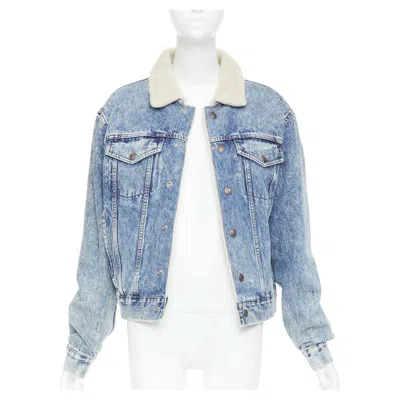 Pre-owned Celine 2021 Hedi Slimane Bleached Denim Cream Shearling Lined Trucker Jacket Xs In White