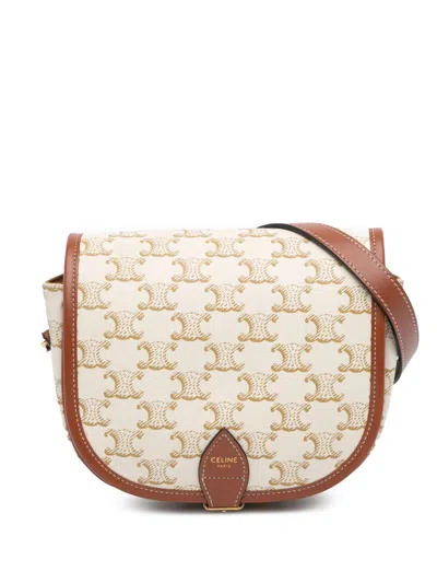 Pre-owned Celine 2021 Medium Triomphe Coated Canvas Folco Crossbody Bag In White