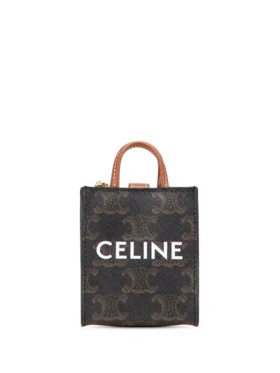Pre-owned Celine 2021 Micro Triomphe Coated Canvas Vertical Cabas Bag Charm Key Chain In Brown