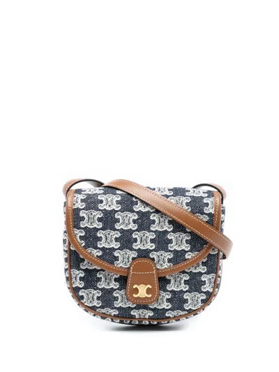 Pre-owned Celine 2021 Mini Triomphe Canvas And Calfskin Besace Crossbody Bag In Blue