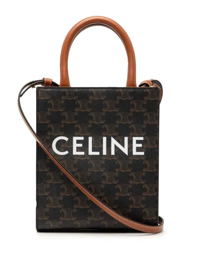 Pre-owned Celine 2021 Mini Triomphe Coated Canvas Vertical Cabas Satchel In Brown