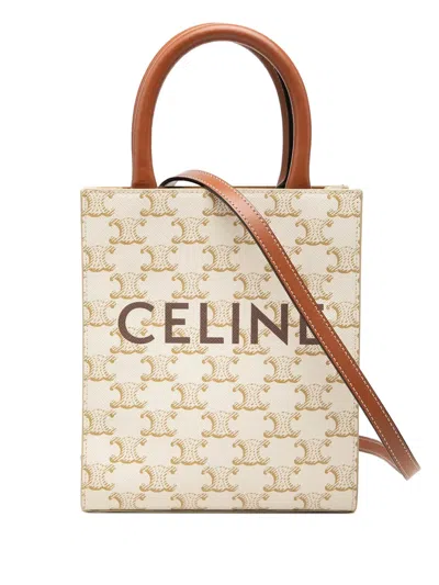 Pre-owned Celine 2021 Mini Triomphe Coated Canvas Vertical Cabas Satchel In White