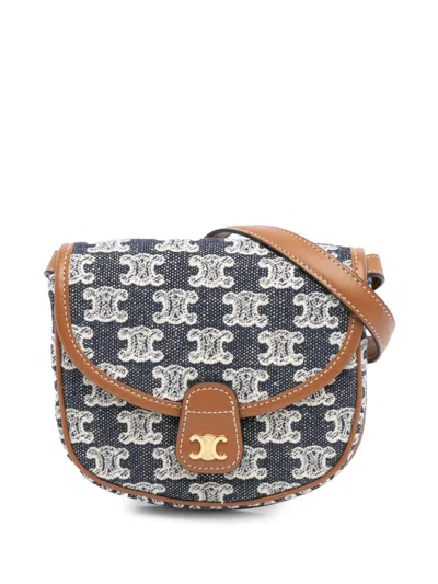 Pre-owned Celine 2021 Mini Triomphe Embroidered Canvas Besace Crossbody Bag In Blue