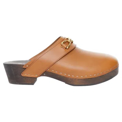 Pre-owned Celine 2021 Runway Les Bois Tan Calfskin Leather Horsebit Wood Clogs Eu38 Us8 In Brown
