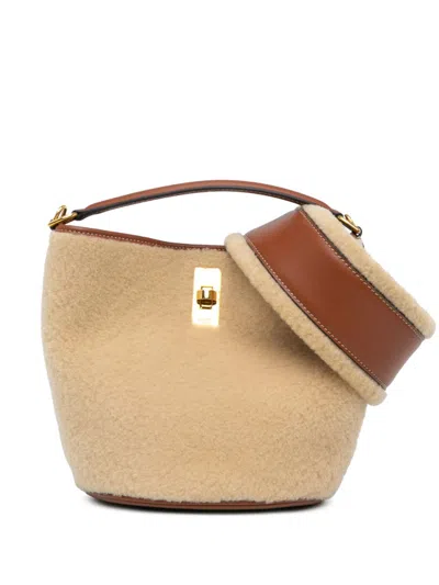 Pre-owned Celine 2021 Shearling 16 Bucket Bag In Brown