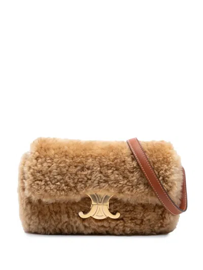 Pre-owned Celine 2021 Shearling Triomphe Shoulder Bag In Brown