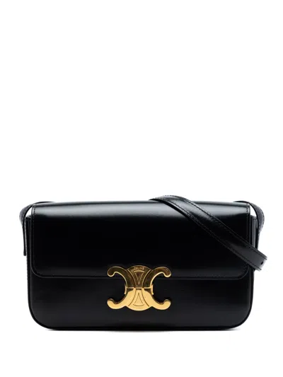 Pre-owned Celine 2021 Shiny Calfskin Triomphe Claude Shoulder Bag In Black