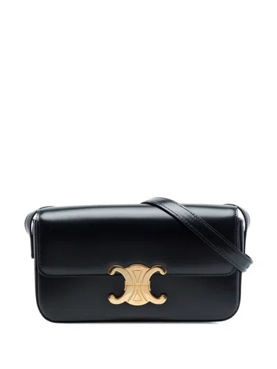 Pre-owned Celine 2021 Shiny Calfskin Triomphe Claude Shoulder Bag In Black