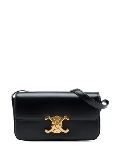 Pre-owned Celine 2021 Shiny Calfskin Triomphe Claude Shoulder Bag In Black