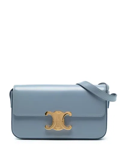 Pre-owned Celine 2021 Shiny Calfskin Triomphe Claude Shoulder Bag In Blue