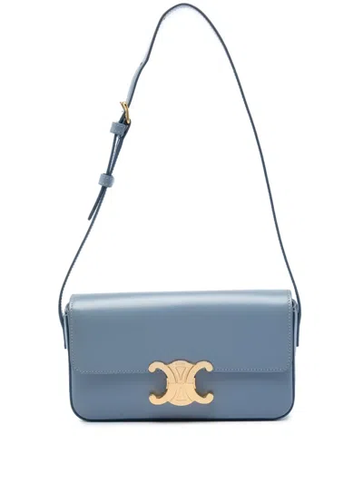 Pre-owned Celine 2021 Shiny Calfskin Triomphe Claude Shoulder Bag In Blue