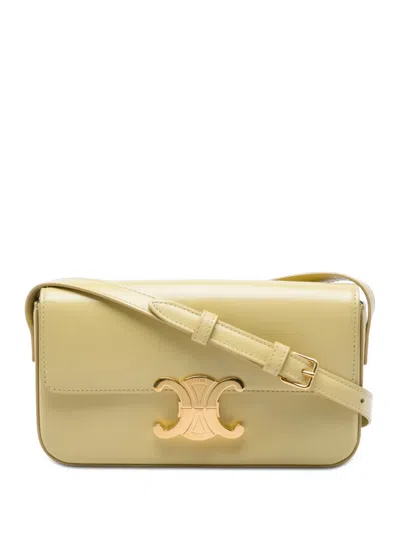 Pre-owned Celine 2021 Shiny Calfskin Triomphe Claude Shoulder Bag In Yellow
