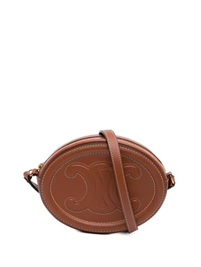 Pre-owned Celine 2021 Small Calfskin Cuir Triomphe Oval Crossbody Bag In Brown
