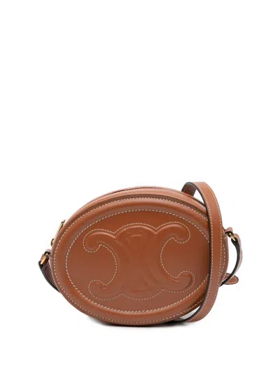 Pre-owned Celine 2021 Small Calfskin Cuir Triomphe Oval Crossbody Bag In Brown
