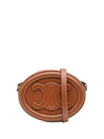 Pre-owned Celine 2021 Small Calfskin Cuir Triomphe Oval Crossbody Bag In Brown