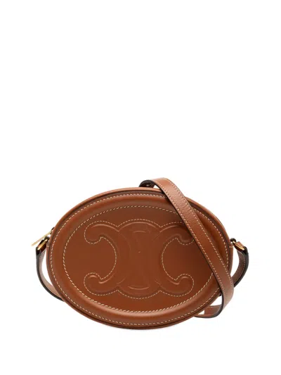 Pre-owned Celine 2021 Small Calfskin Cuir Triomphe Oval Crossbody Bag In Brown