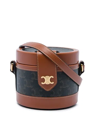 Pre-owned Celine 2021 Small Triomphe Coated Canvas Tambour Crossbody Bag In Brown