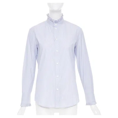 Pre-owned Celine 2021 Striped Ruffle Mock Neck Cotton Casual Button Down Blouse Shirt Fr38 In Gray