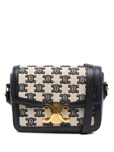 Pre-owned Celine 2021 Teen Embroidered Canvas And Calfskin Triomphe Crossbody Bag In Brown
