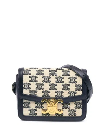 Pre-owned Celine 2021 Teen Embroidered Canvas Triomphe Crossbody Bag In White