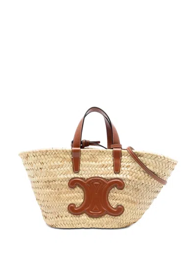 Pre-owned Celine 2021 Teen Raffia Cuir Triomphe Classic Panier Tote Satchel In Neutral