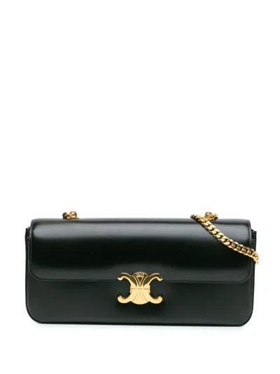 Pre-owned Celine 2021 Triomphe Calfskin Cuir Chain Shoulder Bag In Black