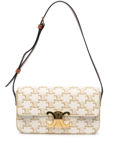 Pre-owned Celine 2021 Triomphe Claude Coated Canvas Shoulder Bag In White