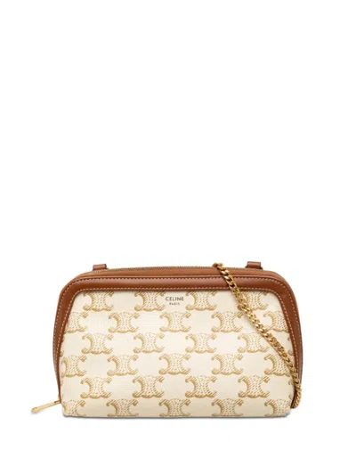 Pre-owned Celine 2021 Triomphe Coated Canvas Clutch On Chain Crossbody Bag In White