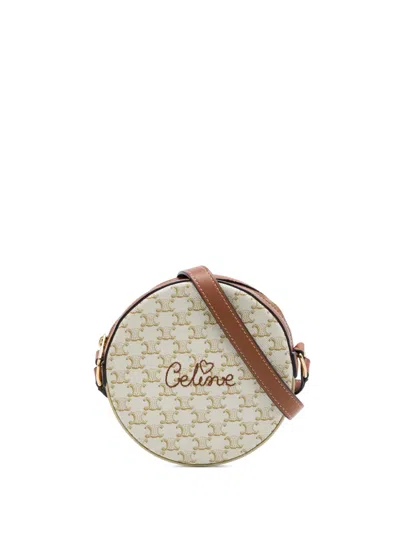 Pre-owned Celine 2021 Triomphe Coated Canvas Embroidered Round Purse On Strap Crossbody Bag In White