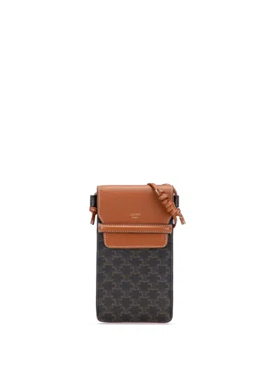 Pre-owned Celine 2021 Triomphe Coated Canvas Phone Pouch Flap Crossbody Bag In Brown