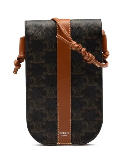 Pre-owned Celine 2021 Triomphe Coated Canvas Phone Pouch Flap Crossbody Bag In Brown