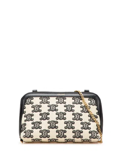 Pre-owned Celine 2021 Triomphe Emroidered Canvas Clutch On Chain Crossbody Bag In Brown