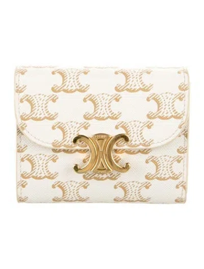 Pre-owned Celine 2021 Triomphe Flap Compact Wallet In White