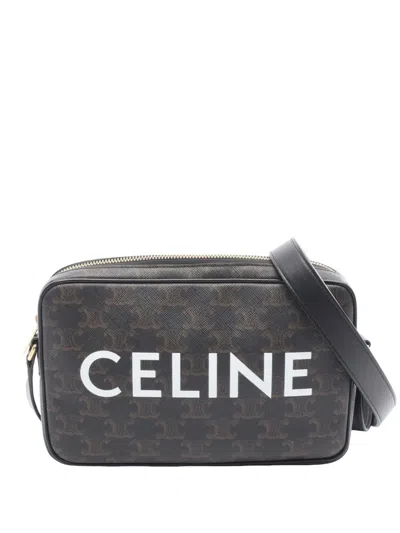 Pre-owned Celine 2021-2026 Medium Triomphe Coated Canvas Crossbody Bag In Black