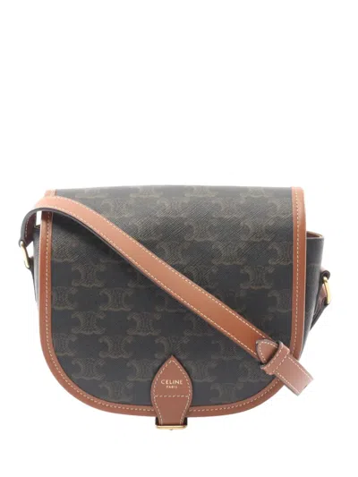 Pre-owned Celine 2021-2026 Medium Triomphe Coated Canvas Folco Crossbody Bag In Black