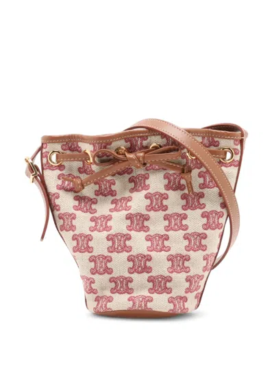 Pre-owned Celine 2021-2026 Micro Triomphe Embroidered Canvas Drawstring Bucket Bag In Neutral