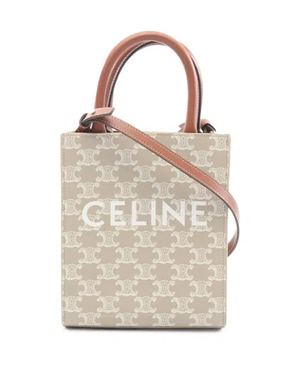 Pre-owned Celine 2021-2026 Mini Triomphe Coated Canvas Vertical Cabas Satchel In Neutral