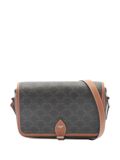 Pre-owned Celine 2021-2026 Small Triomphe Coated Canvas Folco Flap Crossbody Bag In Black