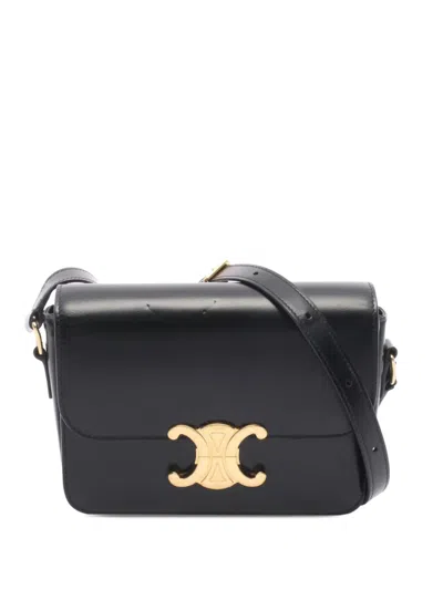 Pre-owned Celine 2021-2026 Teen Shiny Calfskin Triomphe Crossbody Bag In Black