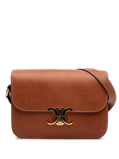 Pre-owned Celine 2022 Classique Natural Calfskin Triomphe Crossbody Bag In Brown