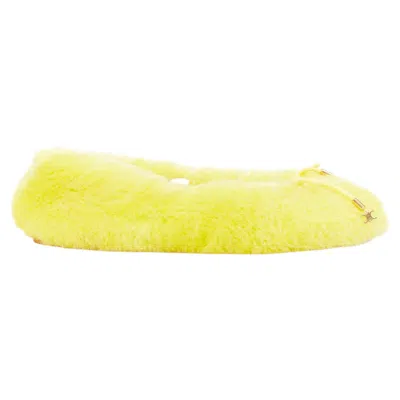 Pre-owned Celine 2022 Les Ballerines Yellow Plush Furry Triomphe Bow Ballet Flats Eu37